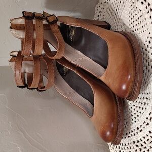 freebird Tan Leather Multi-Strap Block Heel Pumps